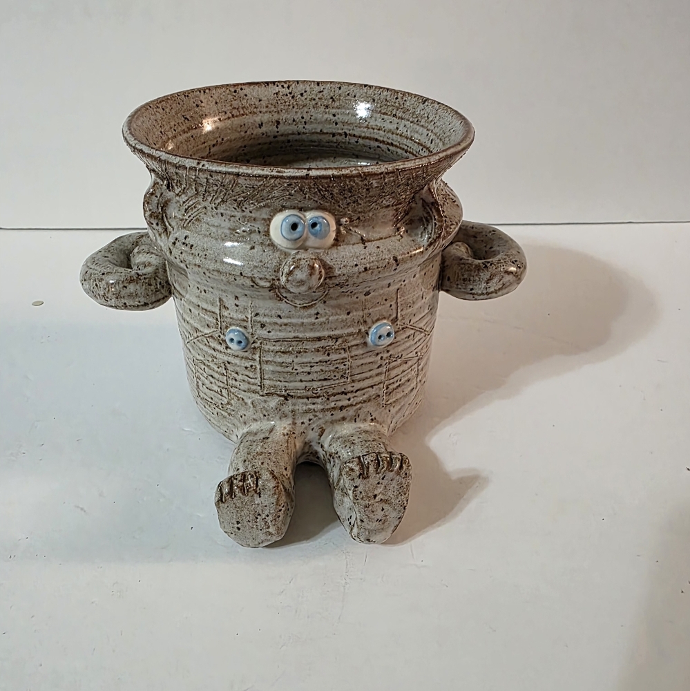 Goofy Face Mug Art Pottery Boy W Feet Arms